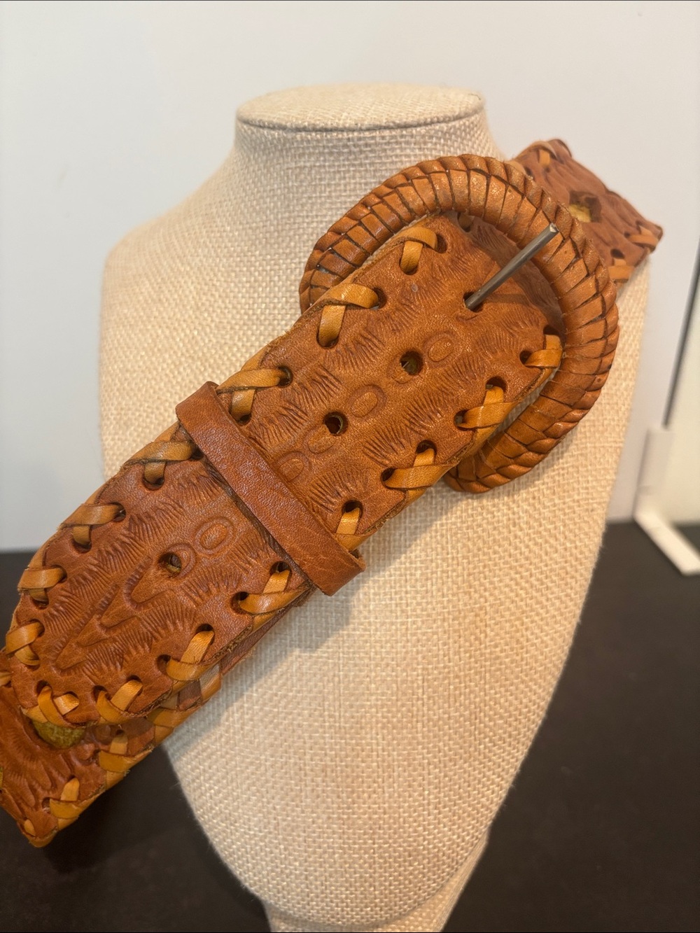 Vintage 70s Boho Tooled Brown Leather Belt Hand Laced Woven Chunky Western 32”